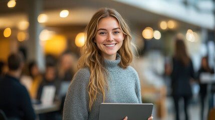 Fototapeta premium Project Coordinator, Smiling female project coordinator poses with a mockup notebook computer in hand. The image captures her enthusiastic demeanor in a contemporary office, while