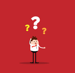 Confused Businessman with Question Marks Thinking. Doing business and making decision concept vector