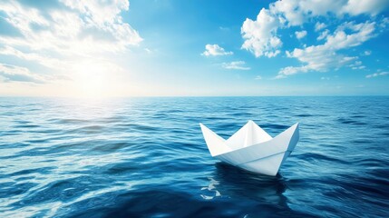 Obraz premium Small White Paper Boat In Big Ocean With Blue Sky And Sunshine - Business Opportunity/Vision Concept with generative ai