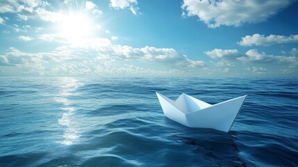 Obraz premium Small White Paper Boat In Big Ocean With Blue Sky And Sunshine - Business Opportunity/Vision Concept with generative ai