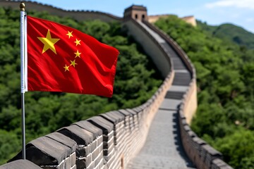 A patriotic banner featuring the Great Wall alongside the Chinese flag, symbolizing national pride and identity