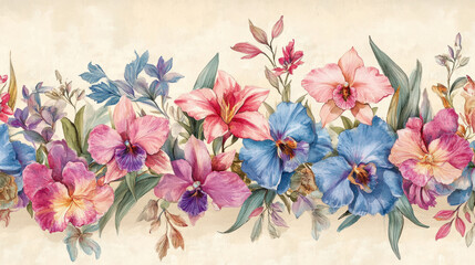 luxury flowers watercolor,  Vibrant watercolor blooms of orchids and lilies, arranged in a lavish vintage botanical composition, embellished with ornate details and soft pastel