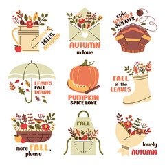 Autumn stickers set. Woven basket filled with vibrant autumn leaves, mushrooms, apples. Pumpkin with cinnamon, knetted sweater, watering can, apron, umbrella, bouquet and envelope with fall foliage.