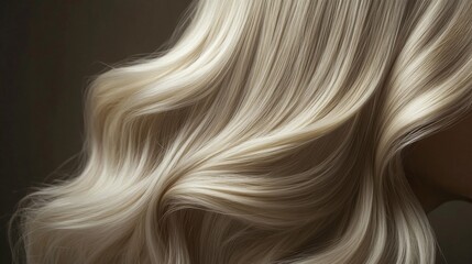 Naklejka premium Luxurious golden blonde hair cascades in gentle waves, reflecting soft, natural light, showcasing its shine and texture.