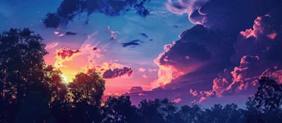 Fototapeta premium Twilight evening sky and clouds with a backdrop of silhouetted trees Copy space