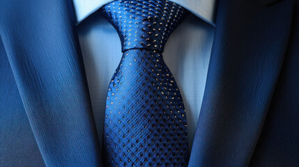 dark blue suit,  A close-up view of a formal dark blue suit paired with a matching tie, ideal for events like weddings or business meetings