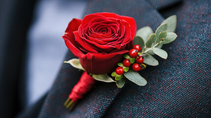 Red Rose Boutonniere,  A close-up view of a vibrant red rose boutonniere attached to a suit lapel, perfect for weddings or formal events