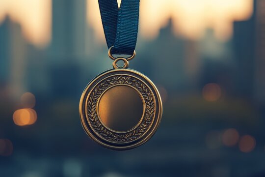 A gold medal featuring a laurel wreath hanging against a blurred cityscape background, symbolizing achievement and honor in a modern urban setting.