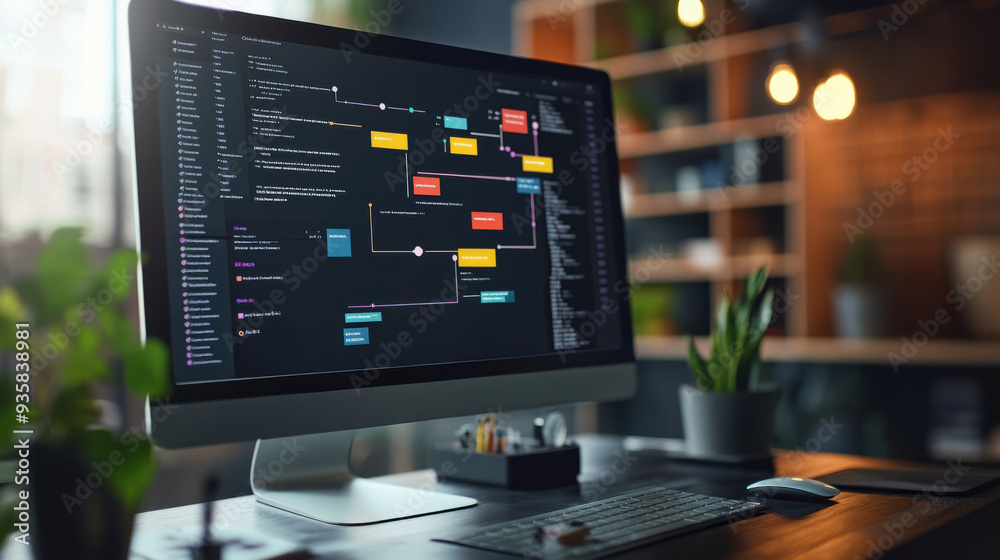 Wall mural email automation, a computer screen displays a flowchart of an automated email sequence, showcasing 