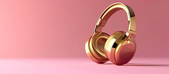 Large modern golden headphones isolated on a pastel pink background Minimal concept Copyspace for text