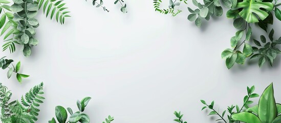 Naklejka premium Natural decorative arrangement of plants with empty frames for your text and an eco leaf branch on a light gray background Top view. Copy space image. Place for adding text and design