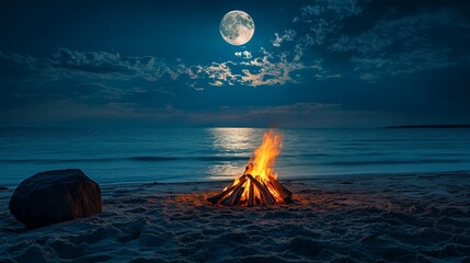 A serene beach at nighttime with a bright bonfire in the foreground and a full moon illuminating the calm ocean, highlighting the tranquility and beauty of nature.