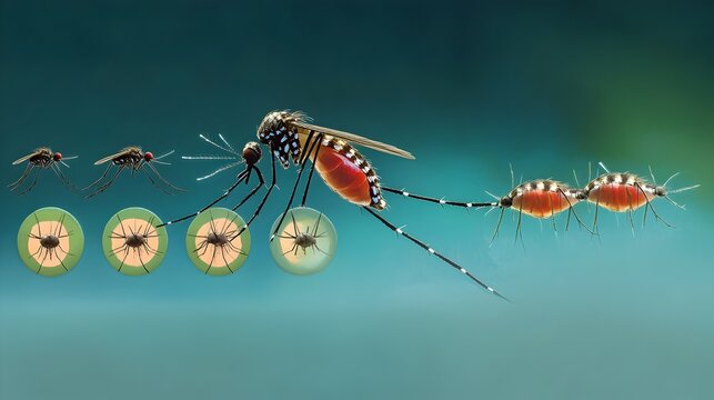 Detailed educational infographic diagram showcasing the complete life cycle stages of the Aedes mosquito an important disease responsible for transmitting infections like dengue zika and chikungunya