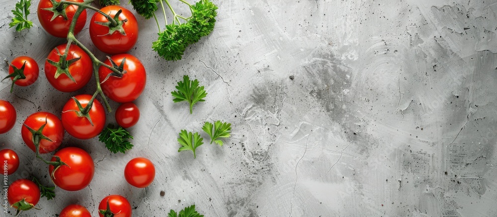 Sticker Food background featuring organic tomatoes with parsley on a gray concrete surface Top view copy space Flat lay arrangement