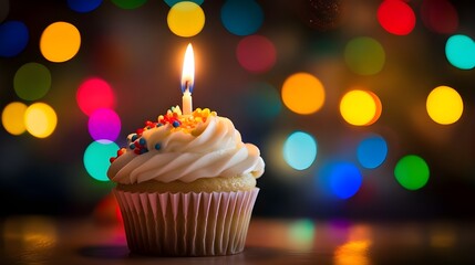 Beautifully Decorated Cupcake with Lit Candle.