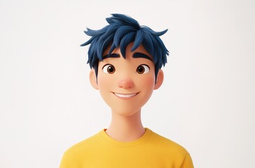 3D avatar of an Asian man with black hair, wearing a yellow shirt, against a white background.  