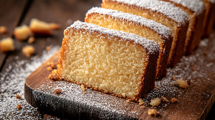 close-up of a pound cake beautifully sliced and neatly arranged on a wooden board, a light dusting of powdered sugar, and crumbs adding texture, ready to be served