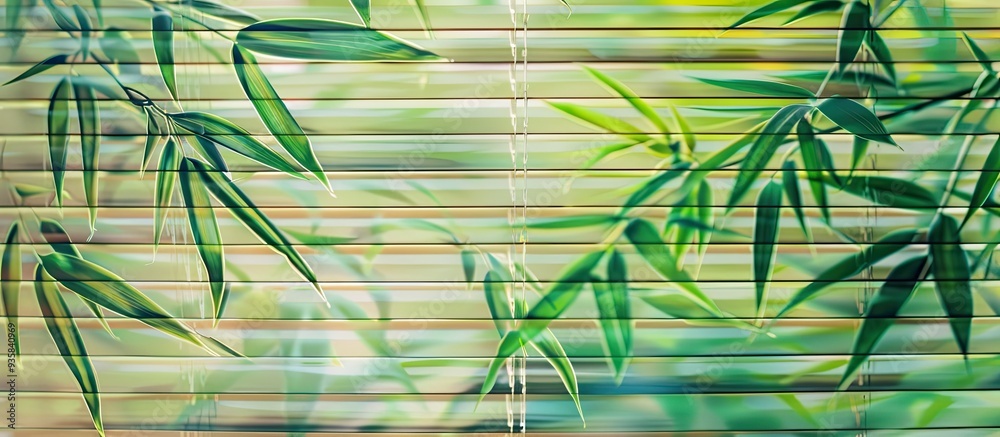 Poster bamboo leaves picture on a patterned set of blinds. copy space image. place for adding text and desi