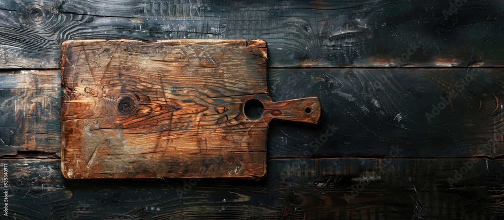 Sticker A worn cutting board on a dark wooden table Top view Copyspace