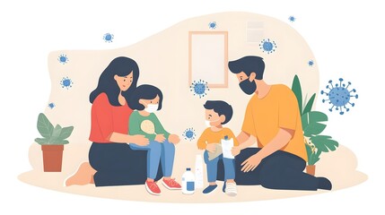 A family at home taking preventive measures such as disinfecting surfaces to avoid the spread of hand foot and mouth disease and maintain a healthy and safe household environment