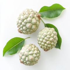 Fototapeta premium Cherimoya Fruit with Green Leaves on a White Background