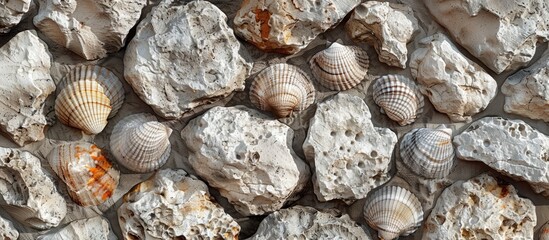 Stone wall texture featuring seashells Background. Copy space image. Place for adding text and design