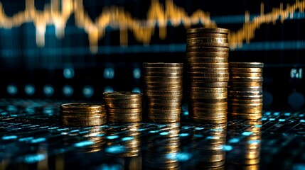 Gold Coins Stacked Against a Stock Market Chart Background
