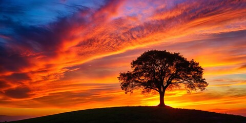 Fototapeta premium Vibrant sunset illuminating a majestic tree silhouette on a hill