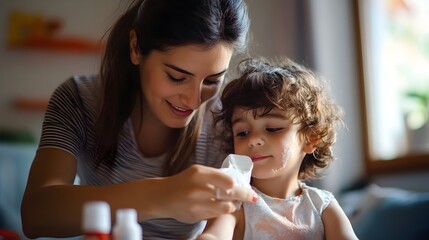Caring Mother Applying Soothing Lotion to Calm Child s Skin Rash Caused by Hand Foot and Mouth Disease with Space for Medical Tips or Treatment Information