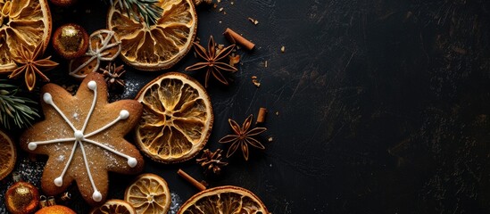 Fototapeta premium Greeting card featuring decorative gingerbread cookies dried orange slices and Christmas and New Year ornaments against a black background Aerial perspective of a Christmas and New Year holiday backd