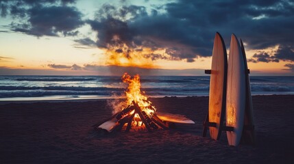 Fototapeta premium An enchanting beach atmosphere at dusk with surfboards standing near a mesmerizing bonfire, casting warming light on the sand, with waves gently rolling in the background.