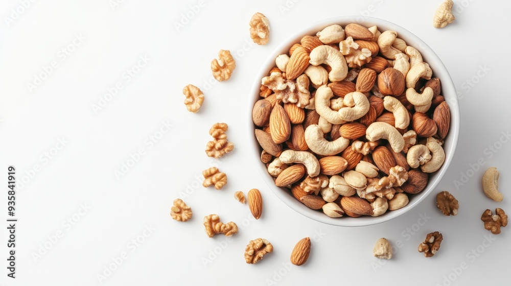 Poster this image features an overhead view of a white bowl filled with a variety of assorted nuts, includi
