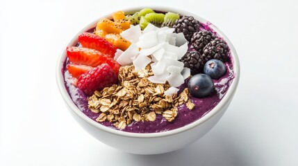 This image showcases a vibrant smoothie bowl with an assortment of fresh fruits including strawberries, kiwi, blackberries, and granola, arranged on a creamy smoothie base.