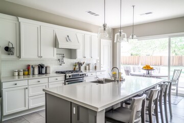 A modern kitchen with a large center island, white cabinets, stainless steel appliances, and an open view of the outdoors through sliding glass doors, perfect for gatherings.