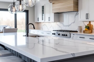 A contemporary kitchen showcasing sleek cabinetry, quartz countertops, and a large island with modern lighting fixtures, featuring extensive natural light from large windows.