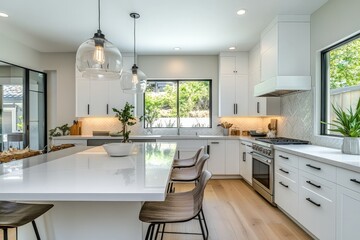 A modern kitchen with white cabinetry and countertops, large windows providing natural light, a centered kitchen island with bar stools, and elegant pendant lights above.