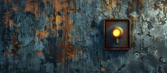 Text on the illuminated button against the distressed wall. Copy space image. Place for adding text and design