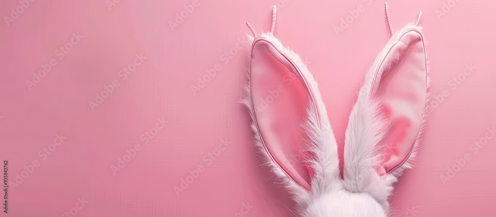 Poster Easter bunny concept Toy rabbit ears on a pink background top view copy space