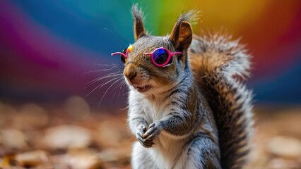 Chic squirrel with multicolored glasses on a vivid backdrop