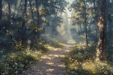 A path through a misty forest. Perfect for fantasy, adventure, or nature-themed projects.