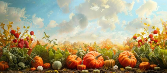 Pumpkin harvest of fall vegetables nutritious vegetables. Copy space image. Place for adding text and design