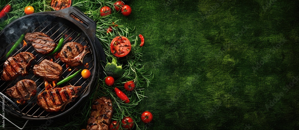 Wall mural Top view of a variety of tasty grilled meats with vegetables on a barbecue grill accompanied by smoke and flames on green grass. Copy space image. Place for adding text and design