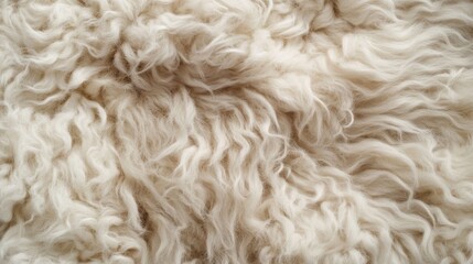 Fluffy sheepskin carpet texture background, top view