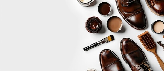 Shoe care products Leather men s shoes shoe polish brushes and wax arranged on a white background top view copy space