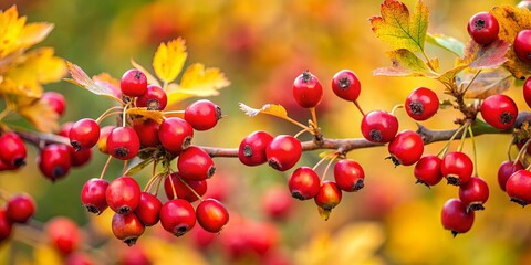 Close up of vibrant hawthorn berries on a branch in autumn
