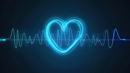 Heart Pulse. Blue Glowing Neon Cardiogram Line Art Illustration