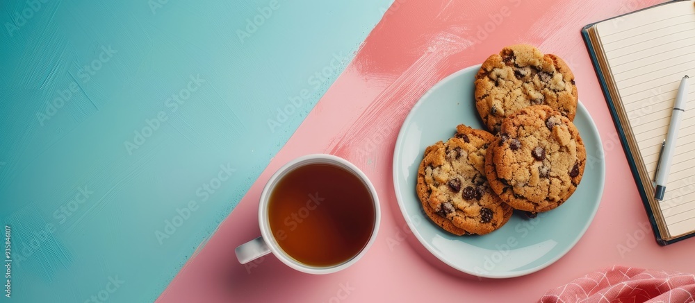 Poster blank open book cookies and notebook on a colored background. copy space image. place for adding tex