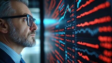 A focused businessman analyzing stock market trends on a digital screen filled with fluctuating graphs and data.