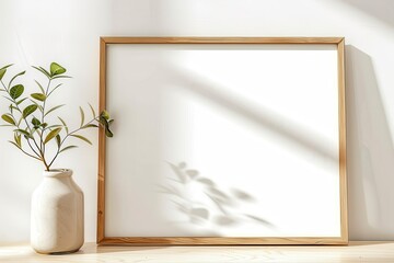 Horizontal Frame Mockup in Modern Minimalist Interior with Plant in Trendy Vase on White Wall Background