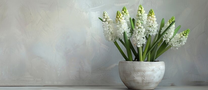 White grape hyacinths in a vessel. Copy space image. Place for adding text and design
